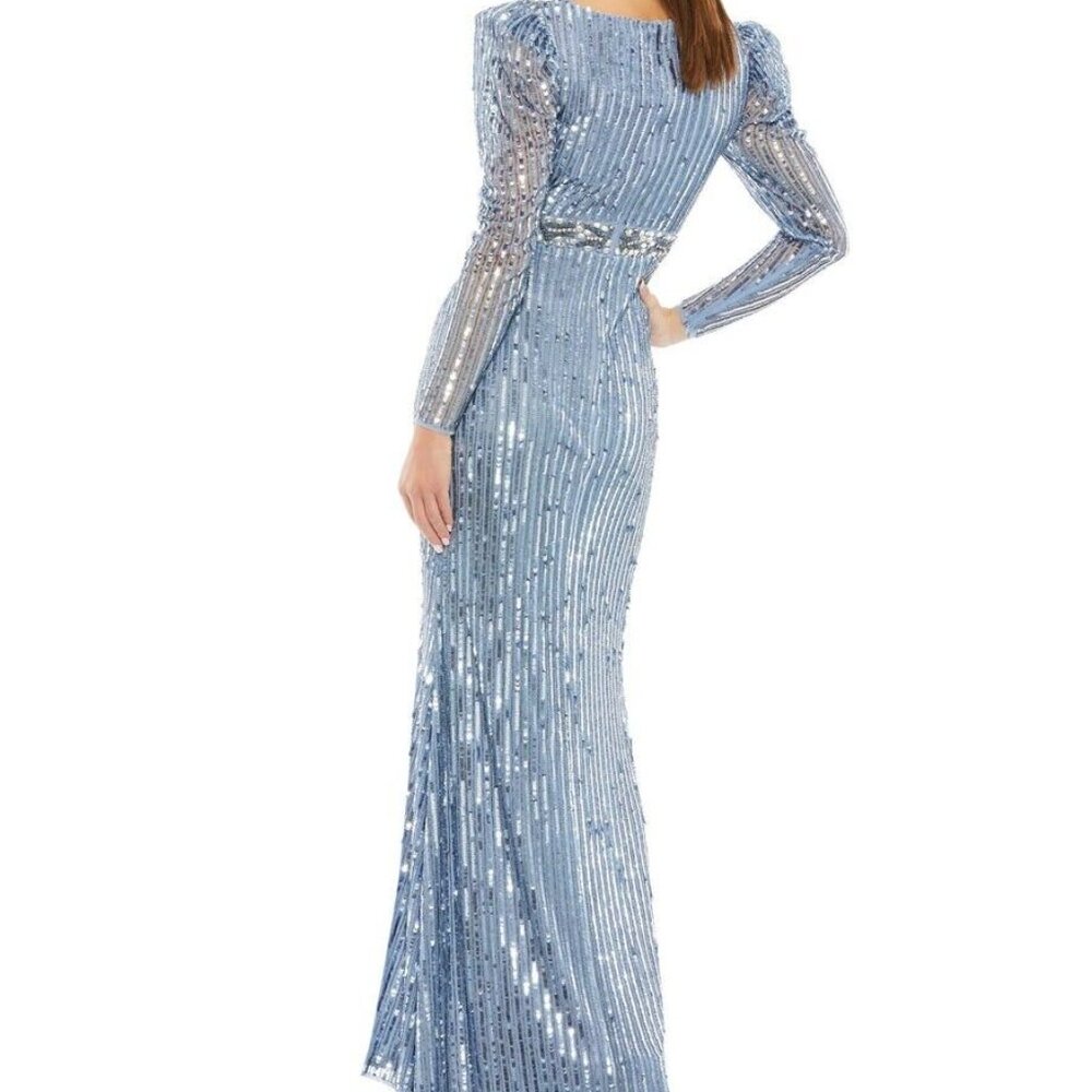NEW MAC DUGGAL 5509 $598 SLATE BLUE SEQUINED 3/4 SLEEVE TULLE LONG GOWN Size 4 - Picture 3 of 12